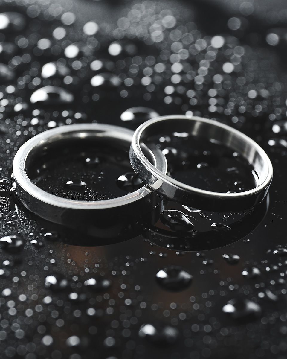 Wedding rings out on a rainy day