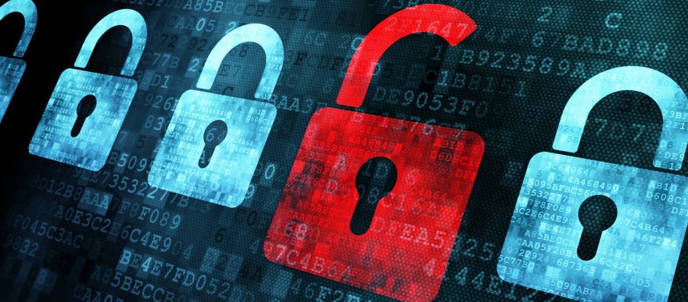 blue padlocks surround unlocked red padlock